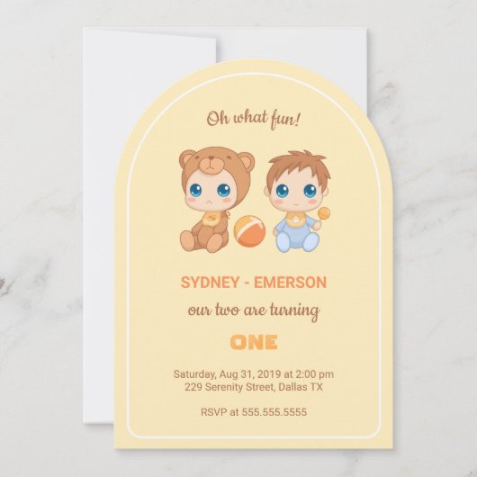 ベビーツインズファースト誕生日ボーイベアイエロー 招待状 (正面)