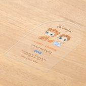 ベビーツインズファースト誕生日ボーイベアトランスペアレント アクリル招待状 (レイダウン)