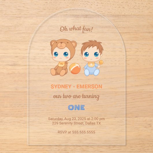 ベビーツインズファースト誕生日ボーイベアトランスペアレント アクリル招待状 (正面)
