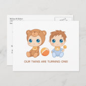 ベビーツインズファースト誕生日ボーイベア招待状 ポストカード (正面/裏面)