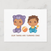 ベビーツインズファースト誕生日ボーイベア招待状 ポストカード (正面)