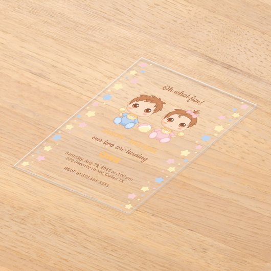 ベビーツインズボーイガールファースト誕生日透明 アクリル招待状 (レイダウン)