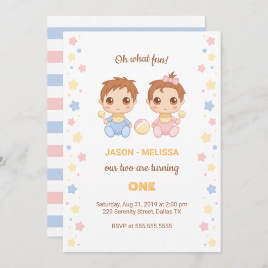 ベビーツインズボーイガールファースト誕生日 招待状 (正面/裏面)