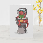 ベビーティラノサウルスのレックスが高い椅子に座っている。 カード (黄色い花)