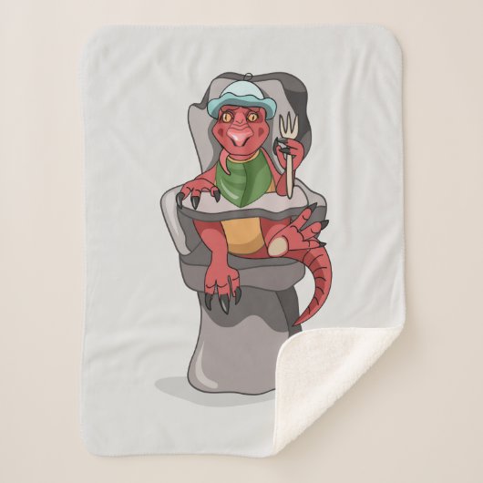 ベビーティラノサウルスのレックスが高い椅子に座っている。 シェルパブランケット (正面)