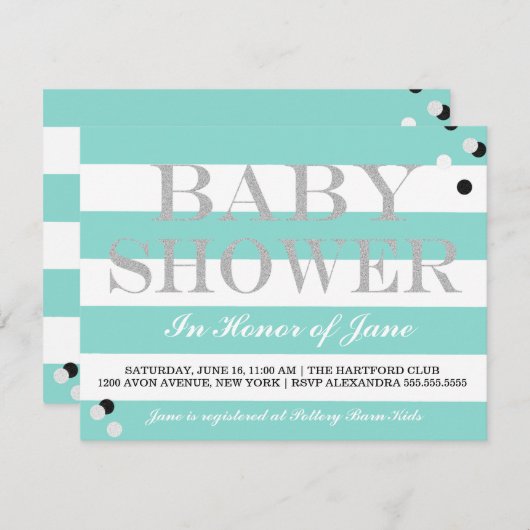 ベビーティール(緑がかった色)ブルーティアラシャワースプリンクルパーティー 招待状 (正面/裏面)