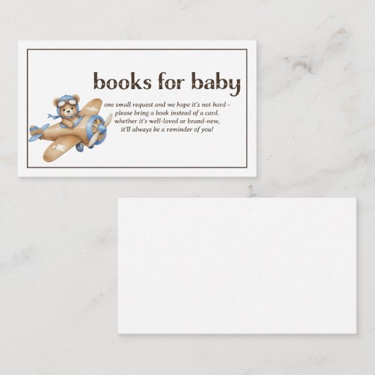 ベビーテディベアパイロット男の赤ちゃんシャワー用の本 エンクロージャーカード (正面/裏面)