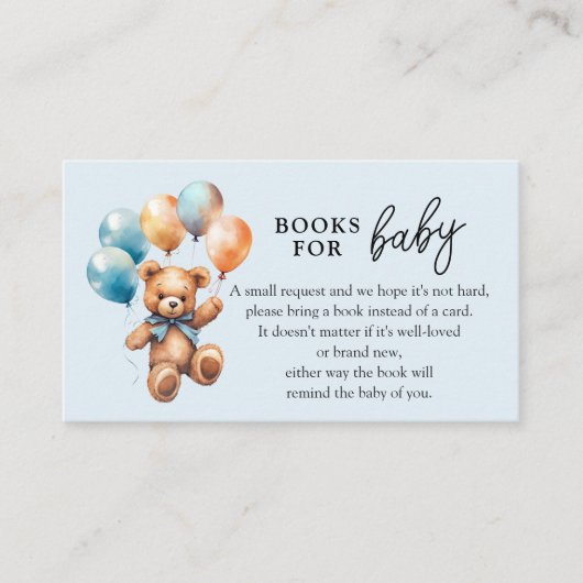 ベビーテディベア少年ベビーシャワー用の本 エンクロージャーカード (正面)
