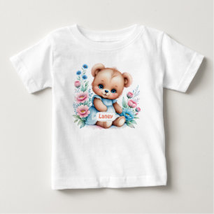 ベビーテディベア水彩花模様 ベビーTシャツ