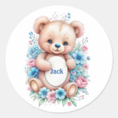 ベビーテディベア水彩花模様 ラウンドシール (正面)