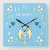 ベビーテディベア青と愛のハートと名前 スクエア壁時計 (正面)