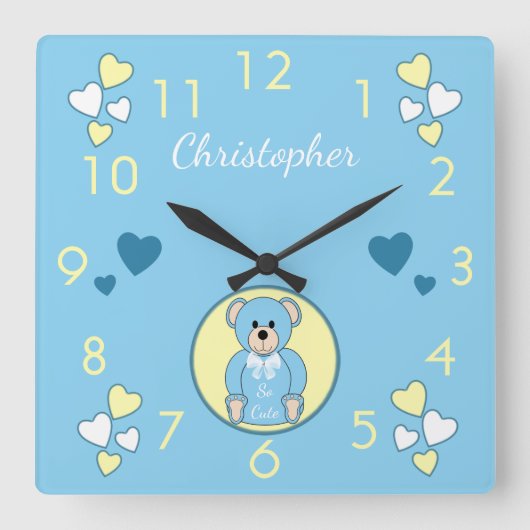 ベビーテディベア青と愛のハートと名前 スクエア壁時計 (正面)