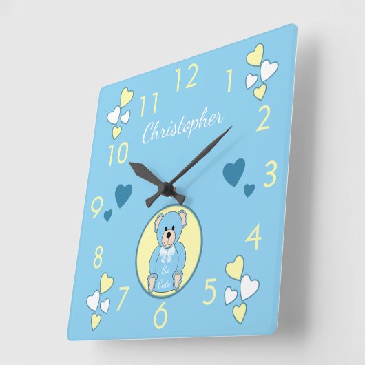 ベビーテディベア青と愛のハートと名前 スクエア壁時計 (傾斜)