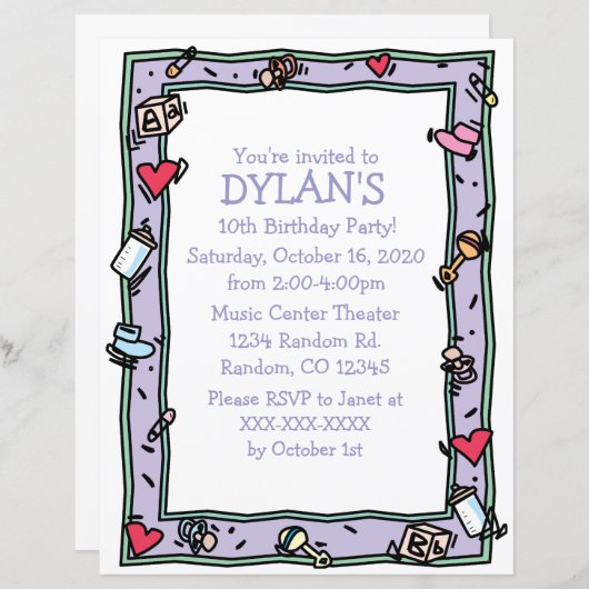 ベビーテーマ誕生日パーティチラシ招待状 (正面/裏面)