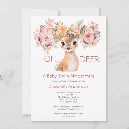 ベビーディアバタフライピンクのフローラベビーシャワー 招待状 (正面)