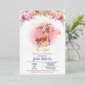 ベビーディアピンクフローラウッドランドガールベビーシャワー 箔招待状 (立ち正面)