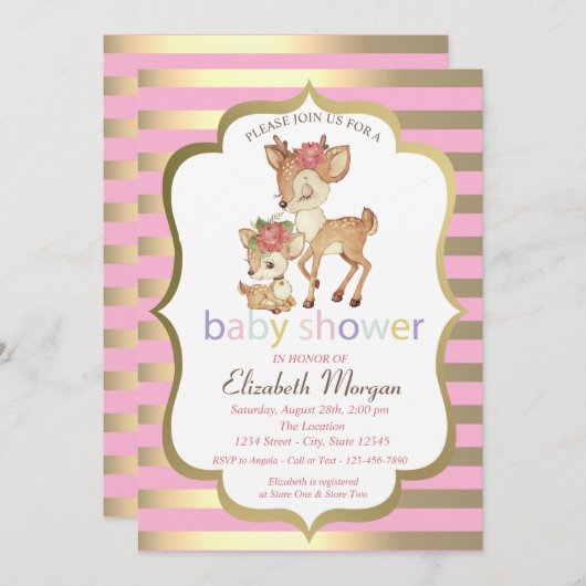 ベビーディアフラワー金ゴールドストライプベビーシャワー 招待状 (正面/裏面)