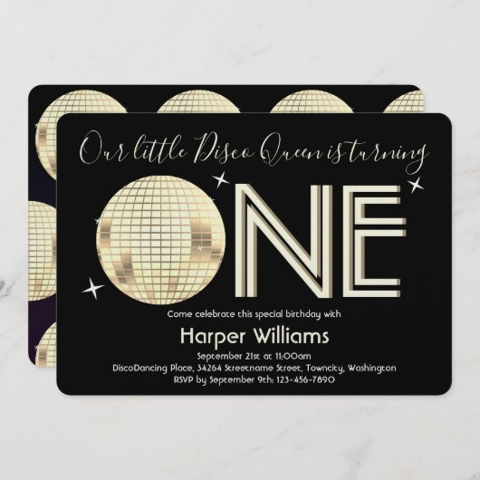 ベビーディスコをテーマにした第1誕生日 招待状 (正面/裏面)