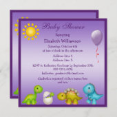 ベビーディノと恐竜の紫のベビーシャワー 招待状 (正面/裏面)