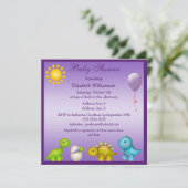 ベビーディノと恐竜の紫のベビーシャワー 招待状 (スタンド正面)