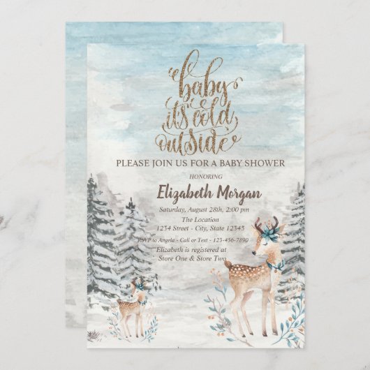 ベビートナカイ松の木の森の赤ちゃんシャワー 招待状 (正面/裏面)