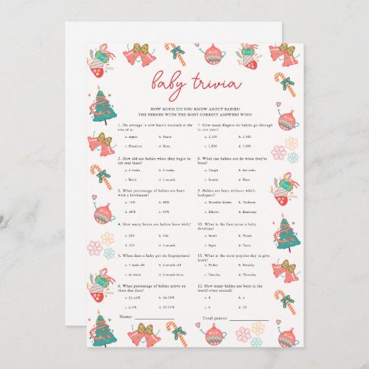 ベビートリビアクリスマスベビーシャワーゲームカード シーズンカード (正面/裏面)