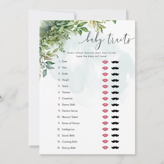 ベビートレイトウォーターカラー緑ベビーシャワーゲーム 招待状 (正面)