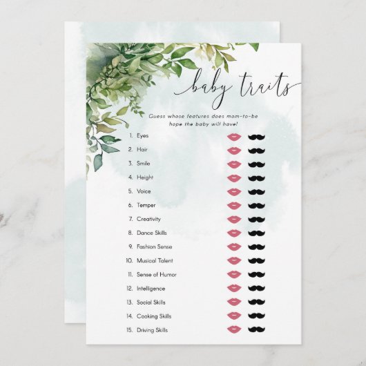 ベビートレイトウォーターカラー緑ベビーシャワーゲーム 招待状 (正面/裏面)