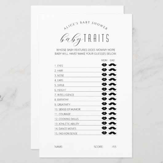 ベビートレイトゲーム，ミニマリスト赤ちゃんシャワーゲーム (正面/裏面)