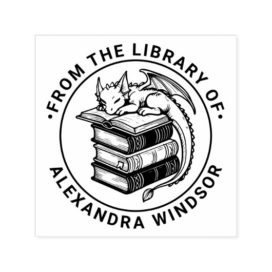 ベビードラゴンがブックスタックライブラリ名で眠る セルフインキングスタンプ (デザイン)