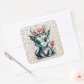 ベビードラゴンとピンクの花とレース スクエアシール (封筒)