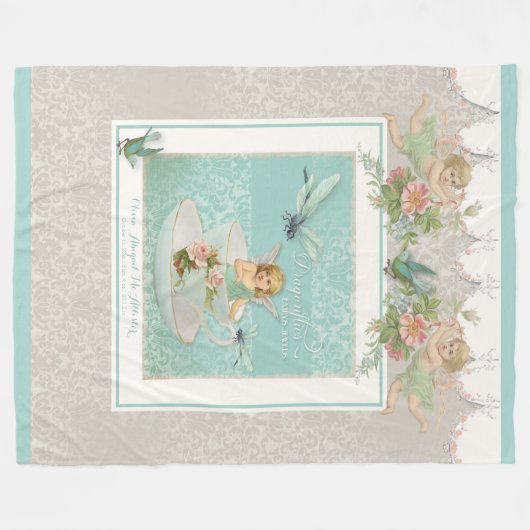 ベビーネームパーソナライズされたクリブフェアリーティーカップドラゴンフライ フリースブランケット (正面(横))