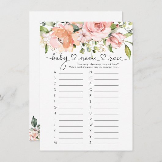 ベビーネームレースゲーム、フローラバラベビーシャワーゲーム 招待状 (正面/裏面)