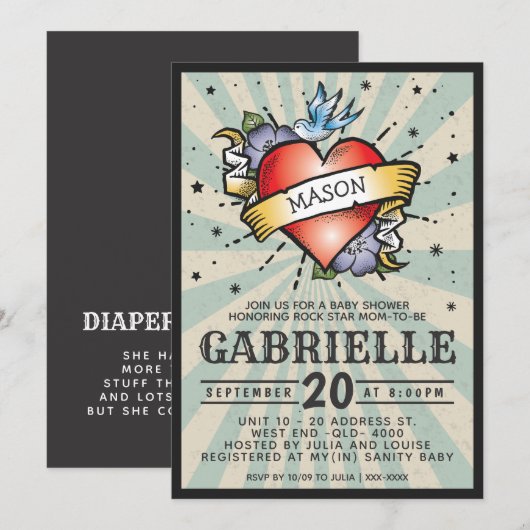 ベビーネーム ロックンロール タトゥー ベビーシャワー 招待状 (正面/裏面)