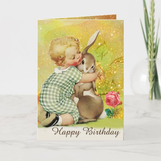 ベビーハギングウサギ、ピンクローズ、イエロー誕生日 シーズンカード (正面)