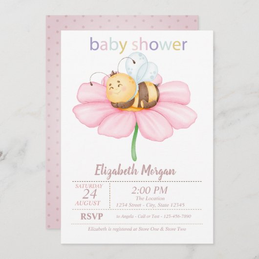ベビーハニービーフラワードットベビーシャワー 招待状 (正面/裏面)