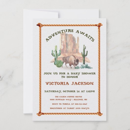 ベビーバイソンバッファローウエスタンランドスケープベビーシャワー 招待状 (正面)