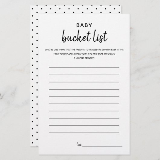 ベビーバケットリストのミニマリスト赤ちゃんシャワーゲーム (正面/裏面)