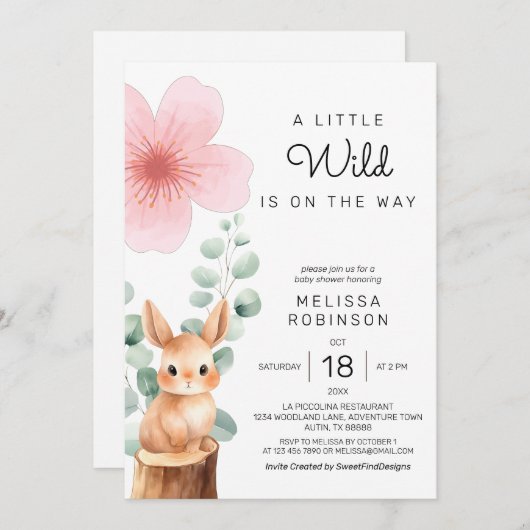 ベビーバニーさくらんぼ花花ベビーガールシャワー 招待状 (正面/裏面)