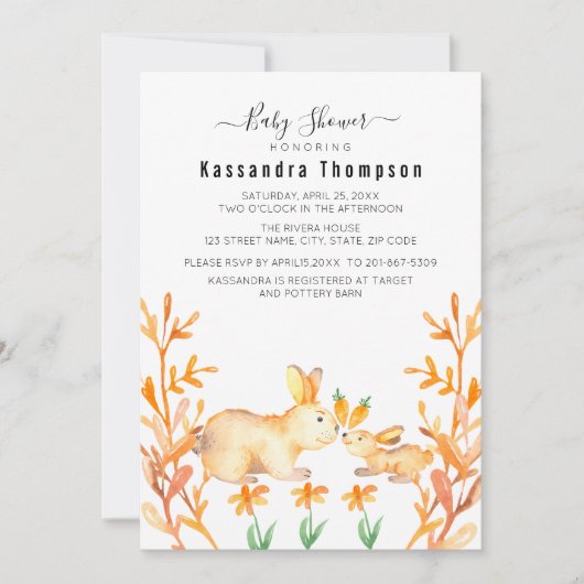 ベビーバニーと母ダングリングニンジン赤ちゃんシャワー 招待状 (正面)