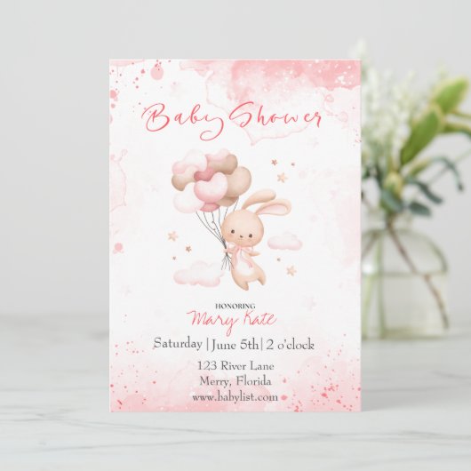 ベビーバニーと気球のベビーガール 招待状 (スタンド正面)