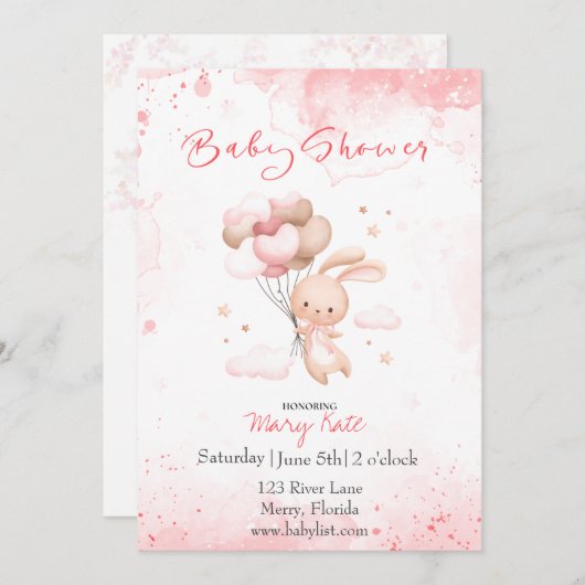 ベビーバニーと気球のベビーガール 招待状 (正面/裏面)