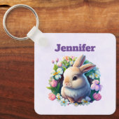 ベビーバニーの間のカラフル春の花イースター キーホルダー (正面)