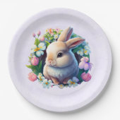 ベビーバニーの間のカラフル春の花イースター ペーパープレート (正面)