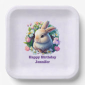 ベビーバニー間カラフル春の花誕生日 ペーパープレート (正面)