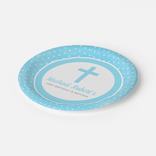 ベビーバプティスファースト誕生日ブルークロスボーイ ペーパープレート (アングル)