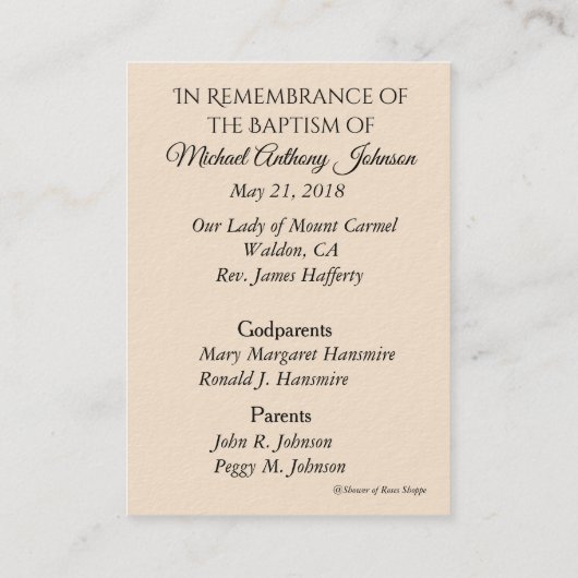 ベビーバプティスマル追悼エンジェルズホーリーカード 名刺 (裏面)