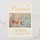 ベビーバプテスマ写真宗教十字架 箔招待状 (正面)