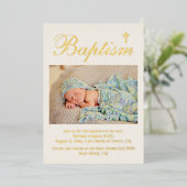 ベビーバプテスマ写真宗教十字架 箔招待状 (立ち正面)