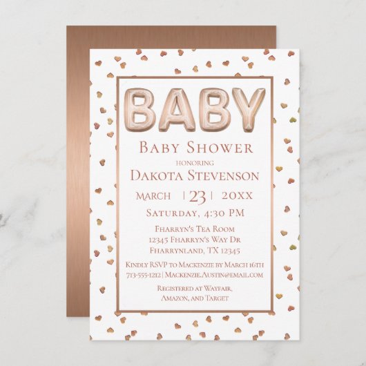 ベビーバルーン |バラエレガント金ゴールドベビーシャワー 招待状 (正面/裏面)